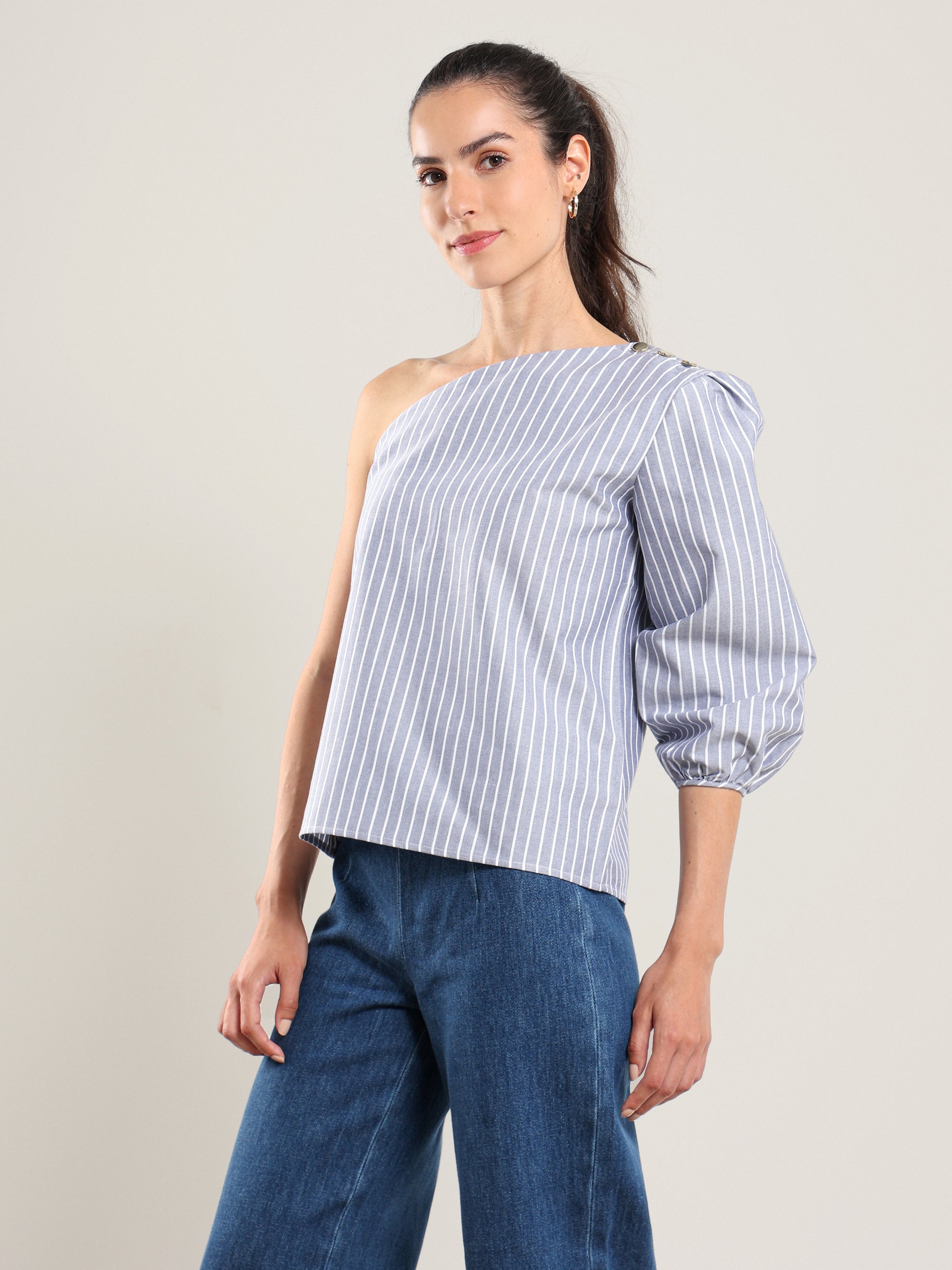 One Shoulder Oxford Top